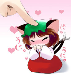 Rule 34 | 1girl, :3, animal ears, blush, brown hair, cat ears, cat girl, cat tail, chen, chibi, closed eyes, dress, female focus, hands on own cheeks, hands on own face, hat, headpat, heart, highres, mini person, minigirl, multiple tails, red dress, short hair, solo focus, tail, touhou, yume shokunin