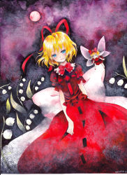 Rule 34 | 1girl, blonde hair, blue eyes, bow, doll, dress, female focus, flower, full moon, hair bow, hair ribbon, lily of the valley, medicine melancholy, moon, mosho, painting (medium), red moon, ribbon, short hair, signature, smile, solo, su-san, touhou, traditional media, watercolor (medium), wings