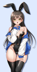 Rule 34 | 1girl, absurdres, animal ear hairband, animal ears, bang dream!, bare shoulders, black hair, black hairband, black leotard, black thighhighs, blue background, blue bow, blue bowtie, blue jacket, bow, bowtie, breasts, breasts apart, commentary, covered navel, cowboy shot, crossed bangs, detached collar, dopamine70, drop shadow, fake animal ears, fingernails, gluteal fold, green eyes, groin, hairband, hanazono tae, hand on own thigh, hand to own mouth, hand up, highleg, highleg leotard, highres, jacket, leotard, long hair, long sleeves, looking at viewer, medium breasts, off shoulder, open clothes, open jacket, open mouth, playboy bunny, rabbit ears, simple background, skindentation, sleeves past wrists, solo, standing, strapless, strapless leotard, symbol-only commentary, teeth, thigh gap, thighhighs, upper teeth only, very long hair