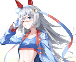 Rule 34 | 1girl, absurdres, animal ears, blue eyes, blue hairband, blue jacket, breasts, clenched teeth, fingerless gloves, gloves, gradient background, hairband, highres, horse ears, horse girl, jacket, long hair, long sleeves, looking at viewer, moon (restire), navel, one eye closed, silver hair, small breasts, smile, solo, tamamo cross (umamusume), teeth, umamusume, upper body, v, white background, white gloves