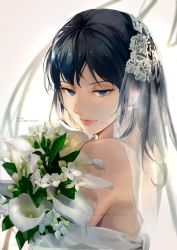 Rule 34 | 1girl, artist name, black hair, blue eyes, bouquet, bridal veil, commentary, dress, earrings, flower, glint, haikyuu!!, holding, holding bouquet, hq yunak, jewelry, long hair, looking at viewer, mole, mole under mouth, portrait, shimizu kiyoko, smile, solo, veil, wedding, wedding dress, white background, white dress, white flower