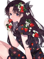 Rule 34 | 1girl, absurdres, alternate costume, black dress, black hair, blue eyes, closed mouth, commentary, commentary request, dress, fate/stay night, fate (series), flower, food, food print, fruit, hand up, highres, holding, holding food, knees up, long hair, looking at viewer, ribbon, shimatori (sanyyyy), short sleeves, simple background, sitting, smile, solo, strawberry, strawberry print, sundress, symbol-only commentary, tohsaka rin, two side up, white background, white flower