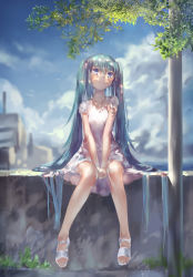 Rule 34 | 1girl, aqua hair, azomo, blue eyes, cloud, cloudy sky, commentary, concrete, dappled sunlight, day, dress, foot dangle, full body, green hair, hatsune miku, head tilt, highres, long hair, looking up, nail polish, on wall, outdoors, own hands together, pole, revision, sandals, shadow, short sleeves, sitting, sky, smile, solo, sunlight, toenail polish, toenails, tree, tree shade, twintails, v arms, very long hair, vocaloid, wall, white dress