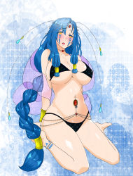 Rule 34 | 1girl, absurdres, bikini, blue hair, braid, breasts, cleavage, facial mark, highres, jewelry, large breasts, long hair, open mouth, swimsuit, underboob, very long hair