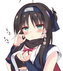 Rule 34 | 1girl, :3, absurdres, ahoge, black hair, black scarf, blue gloves, blush, bow, breasts, closed mouth, commentary request, elbow gloves, eyelashes, fellatio gesture, fingerless gloves, forehead protector, gloves, green eyes, hair between eyes, half updo, hands up, highres, hitachi mako, large breasts, looking at viewer, motion lines, naughty face, ninja, parted bangs, pinky out, purunyara, red bow, red ribbon, ribbon, scarf, senren banka, short hair with long locks, short ponytail, simple background, smile, solo, sound effects, upper body, upturned eyes, white background