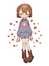 Rule 34 | 1other, blue shorts, blue sweater, blush stickers, boots, closed eyes, closed mouth, frisk (undertale), heart, highres, shorts, sparkle, sweater, tadeno, undertale, white background