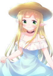 Rule 34 | 1girl, absurdres, bare arms, black choker, blonde hair, blue dress, blunt bangs, blush, choker, closed mouth, collarbone, dress, efil (kuro no shoukanshi), flat chest, green eyes, hat, highres, kuro no shoukanshi, long hair, looking at viewer, nyaa (nnekoron), pointy ears, sidelocks, simple background, skirt hold, solo, standing, sun hat, upper body, white background