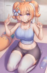 Rule 34 | 1girl, absurdres, animal ears, bad id, bad pixiv id, blue nails, blush, bonnie (bunny gif), breasts, choker, cleavage, collarbone, double v, heart, heart-shaped pupils, highres, hungrydurp, indie virtual youtuber, large breasts, looking at viewer, nail polish, orange hair, parted lips, pink eyes, rabbit ears, short hair, shorts, smile, solo, symbol-shaped pupils, teeth, v, virtual youtuber