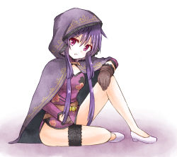 Rule 34 | 1girl, breasts, brown gloves, character request, gloves, hand on own knee, hood, kirara fantasia, ma tsukasa, purple hair, red eyes, sitting, small breasts, solo, thigh strap