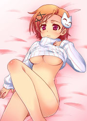Rule 34 | 10s, 1girl, accel world, bottomless, breasts, cat hair ornament, clothes lift, convenient leg, covered erect nipples, hair ornament, kurashima chiyuri, large breasts, long legs, lying, naked sweater, on back, orange hair, purple eyes, shirt lift, short hair, solo, striped, sweater, turtleneck, underboob, vertical stripes, watanabe sumiko