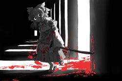 Rule 34 | 1girl, apron, arms at sides, ascot, bare shoulders, black eyes, blood, blood on clothes, bloody weapon, blunt bangs, bow, closed mouth, collared shirt, commentary request, cookie (touhou), detached sleeves, frilled bow, frilled shirt collar, frills, full body, greyscale, haburashi, hair between eyes, hair bow, hair tubes, hakurei reimu, head tilt, holding, holding sword, holding weapon, katana, looking at viewer, medium hair, monochrome, nontraditional miko, ribbon-trimmed sleeves, ribbon trim, rurima (cookie), sandals, shirt, sidelocks, sleeveless, sleeveless shirt, sleeves past fingers, sleeves past wrists, socks, solo, spot color, standing, sword, touhou, walking, weapon
