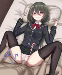 Rule 34 | 1boy, 1girl, black jacket, black thighhighs, blazer, blush, bow, bowtie, censored, closed mouth, clothed female nude male, clothed sex, clothing aside, green hair, hair between eyes, heart, hetero, highres, jacket, leg grab, long hair, long sleeves, lying, missionary, mosaic censoring, nude, on back, original, panties, panties aside, penis, red eyes, red neckwear, school uniform, sex, skirt, smile, solo focus, spread legs, thighhighs, underwear, vaginal, white panties, yakob labo