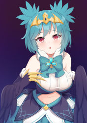 Rule 34 | 1girl, absurdres, alternate breast size, artist request, bare shoulders, black feathers, black wings, blue bow, blue hair, blush, bow, breasts, claws, clothing cutout, commentary, english commentary, feathers, harpy, highres, indie virtual youtuber, lincoro, medium breasts, monster girl, navel, navel cutout, red eyes, second-party source, short hair, short twintails, solo, tiara, twintails, virtual youtuber, winged arms, wings