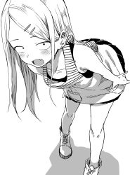 Rule 34 | 1girl, absurdres, apron, bent over, blush, bow, collarbone, dagashi kashi, ear piercing, earrings, endou saya, fang, flat chest, greyscale, hair behind ear, hair ornament, hairclip, highres, jewelry, long hair, looking at viewer, miniskirt, monochrome, piercing, pleated skirt, pocket, shadow, shoes, sidelocks, skirt, solo, striped, yamamoto souichirou
