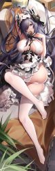 Rule 34 | 1girl, absurdres, ass, august von parseval (azur lane), august von parseval (the conquered unhulde) (azur lane), azur lane, black eyes, black hair, black horns, breasts, chair, clothing cutout, couch, cross, garter straps, highres, horns, indoors, iron cross, jiusan naitang, large breasts, long hair, lying, maid, on couch, one eye covered, panties, sideboob, solo, thick thighs, thighs, two-tone dress, underboob cutout, underwear, white garter straps, white headwear, white panties