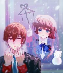 Rule 34 | 1boy, 1girl, 3:, a-chan senpai, ai ai gasa, animal print, black jacket, blazer, blue bow, blue eyes, blue necktie, blush, bow, breath, brown hair, cat print, closed mouth, collared shirt, commentary request, eyelashes, hair between eyes, hair intakes, hand up, hands up, heart, hetero, highres, index finger raised, indoors, jacket, little busters!, little busters! school uniform, long hair, long sleeves, looking at another, looking up, miiizuno lbs, mini snowman, natsume kyousuke, necktie, open mouth, outdoors, school uniform, shirt, short hair, sidelocks, snow, snowing, snowman, upper body, upturned eyes, very long hair, white shirt, window, winter