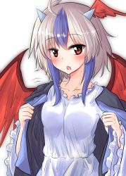 Rule 34 | 1girl, bird wings, blue hair, blush, breasts, collarbone, cowboy shot, dress, frilled sleeves, frills, head wings, highres, long sleeves, looking at viewer, medium breasts, multicolored hair, one-hour drawing challenge, open clothes, open mouth, oshiaki, red eyes, silver hair, single head wing, solo, sweat, tokiko (touhou), touhou, two-tone hair, undressing, white dress, wide sleeves, wings