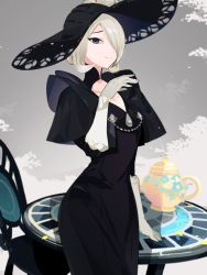 Rule 34 | 1girl, arm at side, black dress, black eyes, black hat, blonde hair, breasts, chair, cleavage, closed mouth, cogita (pokemon), cowboy shot, creatures (company), dress, female focus, floral print, flower, game freak, gloves, grey background, hair over one eye, half-closed eyes, hand up, hat, hat flower, highres, idkuroi, layered sleeves, long sleeves, looking at viewer, narrow waist, nintendo, one eye covered, outdoors, pokemon, pokemon legends: arceus, short hair, short over long sleeves, short sleeves, sidelocks, small breasts, solo, standing, sun hat, table, teapot, white flower, white gloves