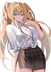 Rule 34 | 1girl, arm at side, azur lane, blonde hair, blue eyes, breasts, brown skirt, cleavage, closed mouth, cowboy shot, crossed bangs, dot nose, gorizia (azur lane), gorizia (unrequited office love?) (azur lane), hair between eyes, hair ornament, highres, id card, komuer, large breasts, legs together, long hair, looking back, office lady, official alternate costume, open clothes, open shirt, shirt, short sleeves, simple background, skirt, solo, white background, white shirt