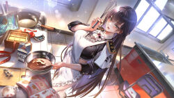 Rule 34 | 1girl, apron, ascot, black jacket, blush, bowl, box, breasts, brown eyes, brown hair, chair, chocolate, chocolate making, chocolate mold, commentary request, cookbook, crop top, cropped jacket, earrings, epaulettes, frying pan, goddess of victory: nikke, hair between eyes, hand up, holding, holding bowl, holding whisk, indoors, jacket, jewelry, kitchen scale, large breasts, lens flare, letter, long hair, looking at viewer, love letter, lower teeth only, marciana (nikke), midriff, military jacket, military uniform, milk carton, mixing bowl, name tag, open mouth, pants, shadow, shoichi (ekakijin), sidelocks, sleeves rolled up, solo, sparkle, standing, tablet pc, teeth, tight clothes, tight pants, uniform, valentine, weighing scale, whisk, white apron, white ascot, white pants, window