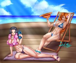 Rule 34 | 2girls, beach, bikini, black hair, blue eyes, breasts, brown eyes, cleavage, dress, huge breasts, large breasts, legs, long hair, multiple girls, nami (one piece), navel, nico robin, one piece, orange hair, sand, smile, swimsuit, thick thighs, thighs, tongue, tongue out, towel