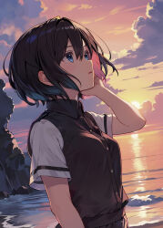 Rule 34 | 1girl, beach, black vest, blue eyes, blush, bob cut, breasts, brown hair, buttons, cloud, cloudy sky, collared vest, commentary request, hand in own hair, highres, looking afar, looking up, medium breasts, multicolored hair, ocean, original, outdoors, pink hair, reflection, reflective water, rock, shirt, short hair, short sleeves, sky, solo, sun, sunlight, sunset, twilight, two-tone hair, upper body, vest, waves, white shirt, wind, yuna rebun