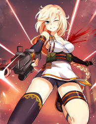 Rule 34 | 00s, 1girl, belt, bike shorts, black gloves, black thighhighs, blonde hair, blood, blue eyes, braid, breasts, cleavage, clenched teeth, dungeon and fighter, elbow gloves, elsword, female gunner (dungeon and fighter), fingerless gloves, freyja (elsword), gloves, gun, gunner (dungeon and fighter), injury, large breasts, long hair, one eye closed, onigensou, rose (elsword), shirt, shoes, single braid, single thighhigh, solo, spitfire (dungeon and fighter), teeth, thighhighs, weapon, white shirt, wince
