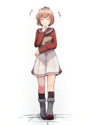 Rule 34 | 1girl, bag, baozi, black socks, brown eyes, brown neckerchief, closed eyes, commentary request, cosplay, dress, eating, food, full body, grey sailor collar, headgear, highres, kantai collection, kneehighs, ludens (inonaka koubou), neckerchief, paper bag, red shirt, rudder footwear, sailor collar, sailor shirt, shirt, short hair, simple background, socks, solo, tan yang (kancolle), white background, white dress, yukikaze (kancolle)