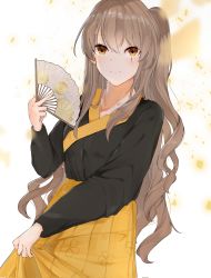 Rule 34 | 1girl, alternate costume, black shirt, breasts, brown eyes, brown hair, closed mouth, clothes lift, collarbone, commission, confetti, girls&#039; frontline, hand fan, harafrontline, highres, holding, holding fan, japanese clothes, long hair, long sleeves, looking at viewer, scar, scar across eye, shirt, side ponytail, skirt, skirt lift, smile, solo, standing, ump45 (girls&#039; frontline), white background, yellow skirt