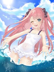 Rule 34 | 1girl, :d, absurdres, aimi hada, bare arms, black bow, blue sky, blush, bow, braid, breasts, bubble, cloud, cloudy sky, collarbone, commentary, covered navel, frilled one-piece swimsuit, frills, gluteal fold, green eyes, hair bow, highres, long hair, looking at viewer, nagamma, one-piece swimsuit, open mouth, pink hair, princess, reaching, reaching towards viewer, sedai one, see-through swimsuit, sidelocks, single braid, skin tight, sky, small breasts, smile, solo, spanish commentary, sparkle, splashing, sun, sunlight, swimsuit, teeth, two side up, virtual youtuber, wading, water, wet, wet clothes, wet swimsuit, white one-piece swimsuit