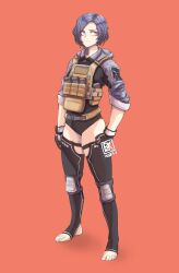 Rule 34 | 1girl, absurdres, black gloves, black leotard, black thighhighs, blue jacket, bulletproof vest, closed mouth, collar, commentary, english commentary, full body, gloves, highres, jacket, knee pads, leotard, looking at viewer, magazine (weapon), military, orange background, original, purple eyes, purple hair, short hair, simple background, sleeves rolled up, solo, standing, stirrup legwear, thighhighs, toeless legwear, toes, xrnl2018