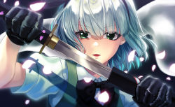 Rule 34 | 1girl, akane hazuki, black bow, black bowtie, bow, bowtie, cherry blossoms, collared shirt, commentary request, gloves, glowing, green eyes, green vest, hitodama, holding, holding sword, holding weapon, konpaku youmu, konpaku youmu (ghost), looking at viewer, parted lips, petals, puffy short sleeves, puffy sleeves, sheath, shirt, short hair, short sleeves, silver hair, solo, sword, touhou, unsheathing, upper body, vest, weapon, white shirt