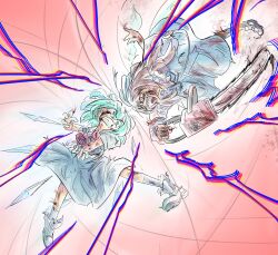 Rule 34 | 2girls, absurdres, angry, blood, blood on clothes, blue bow, blue dress, blue eyes, blue hair, bow, brown hair, chainsaw, cirno, clenched teeth, dress, fairy, fairy wings, fighting, hair bow, highres, holding, holding weapon, ice, ice wings, injury, koishi komeiji&#039;s heart-throbbing adventure, kubikim3, long sleeves, looking at another, multiple girls, red eyes, short hair, smile, star sapphire, teeth, torn clothes, touhou, weapon, wings