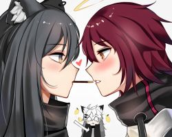 Rule 34 | 3girls, ahoge, animal ear fluff, animal ears, arknights, arrow (symbol), black coat, black hair, black jacket, blank eyes, blush, blush stickers, chibi, chinese commentary, closed mouth, coat, doc.chen, earrings, exusiai (arknights), face-to-face, food, from side, frown, fruit, hair between eyes, halo, heart, highres, jacket, jewelry, lappland (arknights), lemon, lips, long hair, looking at viewer, mouth hold, multiple girls, orange eyes, parted lips, pocky, pocky kiss, portrait, profile, red hair, shared food, short hair, silver hair, simple background, tears, texas (arknights), turtleneck, wavy mouth, white background, wolf ears, yellow eyes, yuri