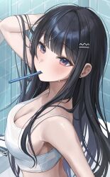 Rule 34 | 1girl, absurdres, bare shoulders, black hair, blush, breasts, cleavage, crop top, earrings, faucet, hair ornament, hairclip, highres, jewelry, large breasts, long hair, looking at viewer, myowa, original, solo, stud earrings, toothbrush in mouth, unfinished, very long hair