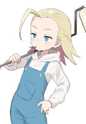 Rule 34 | 1girl, absurdres, ahoge, blonde hair, blue eyes, blue overalls, blush, do it yourself!!, gazacy (dai), hand on own hip, highres, holding, hood, hood down, hoodie, juliet queen elizabeth viii, long hair, long sleeves, mouth hold, multicolored hair, overalls, paint roller, pink hair, simple background, solo, white background, white hoodie