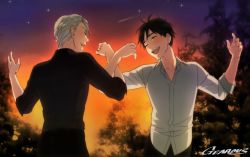 Rule 34 | 2boys, :d, ^ ^, artist name, black hair, black pants, black shirt, closed eyes, commentary, dancing, closed eyes, forest, gearous, grey hair, happy, katsuki yuuri, locked arms, long sleeves, male focus, multiple boys, nature, night, night sky, open mouth, orange sky, outdoors, pants, profile, shirt, shooting star, short hair, sky, smile, standing, star (sky), starry sky, symbol-only commentary, teeth, tree, twilight, upper body, upper teeth only, viktor nikiforov, white shirt, yaoi, yuri!!! on ice