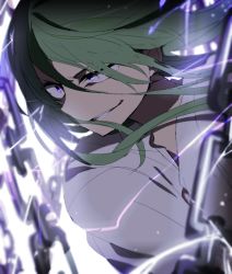 Rule 34 | 1boy, bad id, bad twitter id, blue eyes, chain, commentary request, electricity, enkidu (fate), enkidu (weapon) (fate), evil grin, evil smile, fate/strange fake, fate (series), green hair, grin, hiiragi fuyuki, long hair, male focus, robe, sanpaku, smile, solo, sparks, upper body, white robe