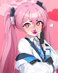 Rule 34 | + +, 1girl, black gloves, black vest, blue archive, blue necktie, blush, blush stickers, box, collarbone, collared shirt, commentary request, eyelashes, fingerless gloves, gift, gift box, gloves, grin, hair between eyes, halo, hand up, heart, holding, holding gift, jacket, koyuki (blue archive), long hair, long sleeves, looking at viewer, necktie, off shoulder, open clothes, open jacket, pink background, pink eyes, pink hair, puffy long sleeves, puffy sleeves, randle, shirt, short eyebrows, sidelocks, simple background, smile, solo, symbol-shaped pupils, teeth, twintails, upper body, very long hair, vest, white jacket, white shirt, wing collar