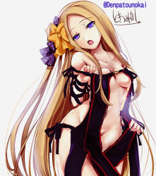 Rule 34 | 1girl, abigail williams (fate), alternate breast size, bare shoulders, black dress, blonde hair, bow, breasts, collarbone, commentary request, cosplay, dress, fate/grand order, fate (series), fingernails, grey background, groin, hair bow, hand up, head tilt, kimura shuuichi, long hair, medium breasts, navel, open mouth, orange bow, parted bangs, polka dot, polka dot bow, purple bow, purple eyes, revealing clothes, signature, solo, strapless, strapless dress, twitter username, very long hair, yu mei-ren (fate), yu mei-ren (fate) (cosplay)