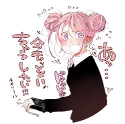 Rule 34 | 1girl, blush, double bun, flying sweatdrops, hair bun, long sleeves, looking at viewer, nose blush, open mouth, original, pink hair, purple eyes, short hair, shunsuke, simple background, solo, translation request, upper body, white background
