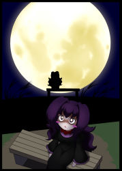 Rule 34 | 1girl, :&lt;, bags under eyes, bench, blush stickers, dress, highres, huge moon, long hair, looking up, messy hair, moon, night, night sky, on bench, original, purple eyes, purple hair, shaded face, shan grila, sitting, sky, solo, triangle mouth, very long hair, wavy hair