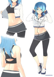 Rule 34 | 10s, 1girl, alternate costume, back, black leggings, black skirt, blue eyes, blue hair, breasts, casual, cleavage, cropped jacket, double bun, earbuds, earphones, eyebrows, female focus, from behind, hair bun, head out of frame, heart, heart necklace, highres, hood, hooded jacket, jacket, jewelry, kantai collection, leggings, long hair, long sleeves, looking at viewer, medium breasts, midriff, multiple views, myuto (advent retribution), navel, necklace, open clothes, open jacket, shoes, shorts, simple background, skirt, sleeves past wrists, smile, sneakers, sports bra, standing, twitter username, urakaze (kancolle), white background
