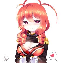 Rule 34 | 1girl, antenna hair, blush, bra, breasts, closed mouth, cuffs, drill hair, epaulettes, funamusea, gloves, handcuffs, heart, lobco, long hair, looking at viewer, medium breasts, oounabara to wadanohara, purple eyes, red bra, red hair, shu (pjxv7485), signature, solo, spoken heart, striped bra, striped clothes, sweatdrop, torn clothes, underwear, upper body, white background, white gloves