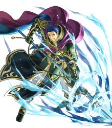 Rule 34 | 1boy, arm belt, armor, attack, belt, blue eyes, blue hair, cape, cosplay, energy, fire emblem, fire emblem: the blazing blade, fire emblem heroes, full armor, full body, gauntlets, greaves, green armor, grin, hector (fire emblem), highres, holding, holding polearm, holding spear, holding weapon, ice, kita senri, lips, loincloth, male focus, multiple belts, nintendo, official art, pants, polearm, purple cape, shoulder armor, smile, solo, spear, transparent background, undershirt, uther (fire emblem), uther (fire emblem) (cosplay), weapon, white pants