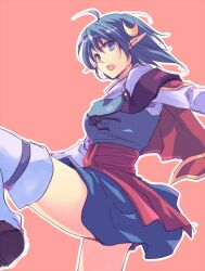 Rule 34 | 1girl, ahoge, blue eyes, blue hair, blue skirt, cape, cowboy shot, crescent, crescent hair ornament, hair ornament, harushino, jewelry, looking at viewer, open mouth, pointy ears, red cape, rena lanford, short hair, simple background, skirt, solo, standing, star ocean, star ocean the second story, thighhighs, two-tone shirt, white thighhighs