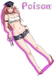 Rule 34 | 1girl, armband, bare arms, bare shoulders, bike shorts, blush, bracelet, breasts, capcom, choker, cleavage, closed mouth, collarbone, cuffs, dutch angle, eyebrows, female focus, final fight, full body, groin, handcuffs, hat, high heels, jewelry, legs apart, lips, long hair, looking to the side, medium breasts, midriff, navel, pink hair, poison (final fight), police hat, red footwear, shoes, shorts, simple background, solo, standing, stomach, strap slip, tagme, thighs, usatarou, white background