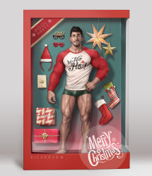 Rule 34 | 1boy, bara, box, boxer briefs, christmas, unworn eyewear, facial hair, full body, gift, gift box, green male underwear, hand on own hip, hat, highres, large pectorals, long sleeves, looking at viewer, male focus, male underwear, merry christmas, muscular, muscular male, original, pectorals, red nose, shirt, short hair, silverjow, socks, solo, stubble, thick thighs, thighs, tight shirt, underwear, white shirt