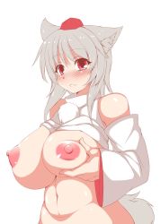 Rule 34 | 1girl, animal ears, bare shoulders, blush, breast lift, breasts, curvy, detached sleeves, hat, highres, huge breasts, inubashiri momiji, large areolae, looking at viewer, navel, nipples, parted lips, puffy nipples, red eyes, grabbing own breast, short hair, silver hair, smile, solo, tail, takayuki hiyori, tokin hat, touhou, upper body, white background, wide hips, wolf ears, wolf tail