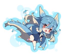 Rule 34 | 1girl, :d, blue cape, blue hair, blue one-piece swimsuit, breasts, brown hair, cape, chibi, commentary request, covered navel, dragon girl, dragon horns, dragon tail, fang, full body, gradient hair, hair between eyes, horns, lagiacrus, looking at viewer, medium breasts, milkpanda, monster hunter (series), multicolored hair, name tag, no shoes, old school swimsuit, one-piece swimsuit, open mouth, personification, red eyes, school swimsuit, short eyebrows, sidelocks, smile, socks, solo, sparkle, swimsuit, tail, thick eyebrows, white socks